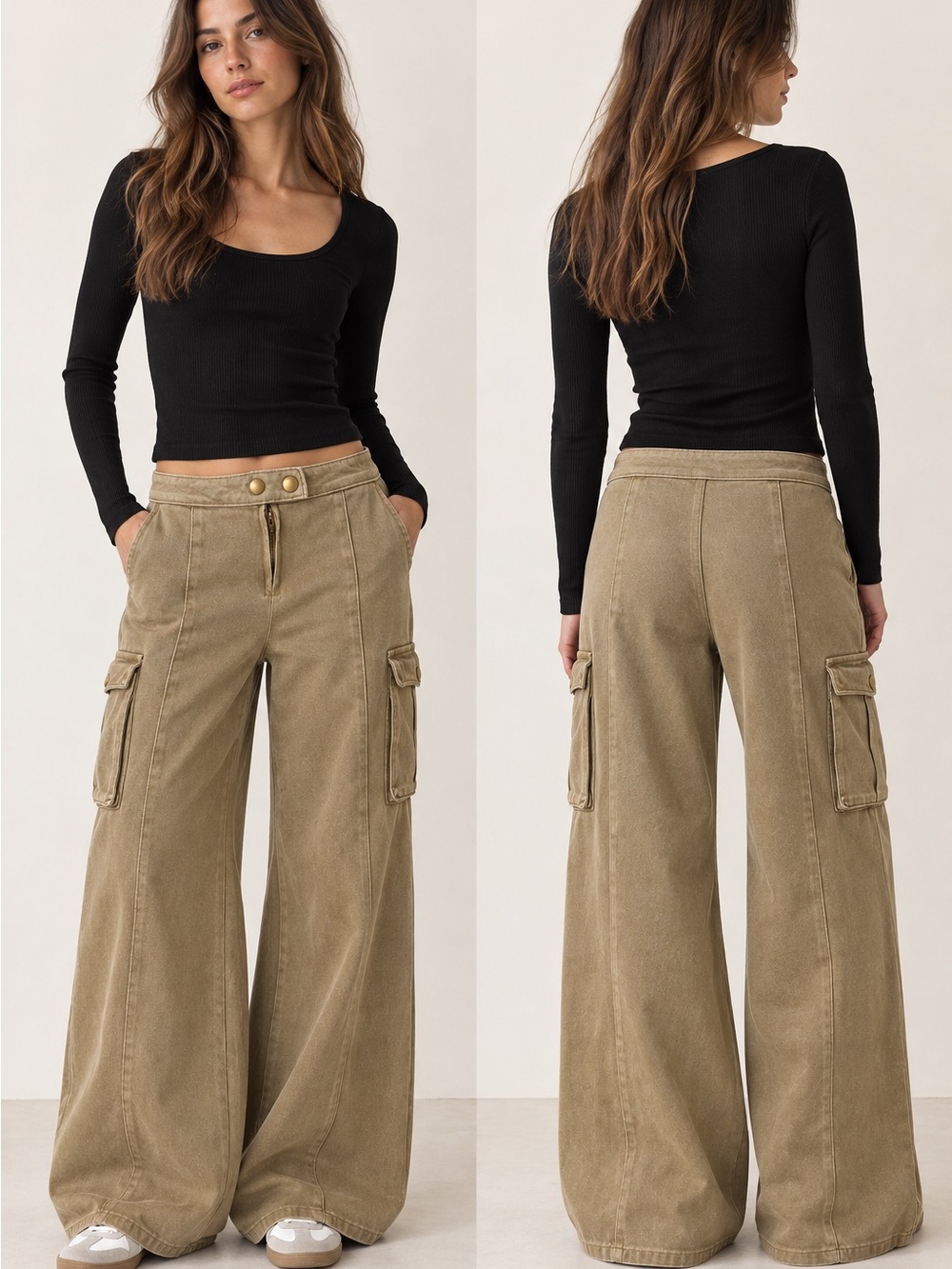 Edikted Wide Leg Cargo Jeans Pants Khaki Olive Y2K Size M